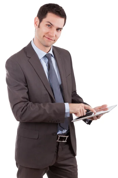 Joven hombre de negocios caucásico utilizando una tableta pc — Foto de Stock