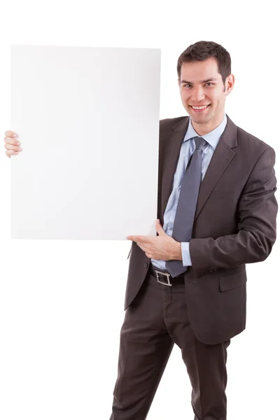 Молодий білий бізнесмен тримає білу дошку — стокове фото