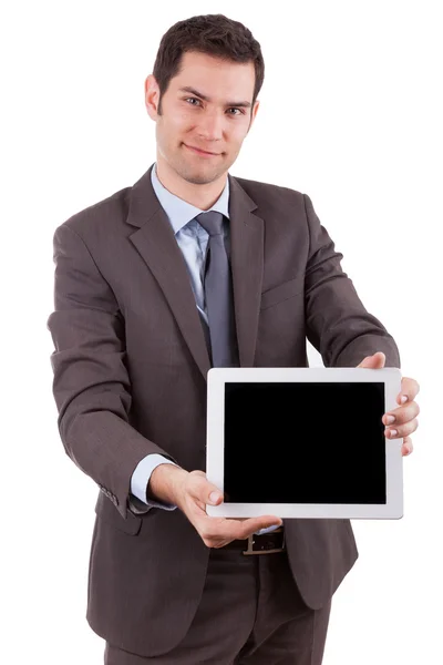Молодой кукушка-бизнесмен с помощью планшетного компьютера — стоковое фото