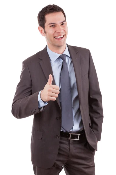 Jovem homem de negócios caucasiano fazendo polegares para cima gesto — Fotografia de Stock