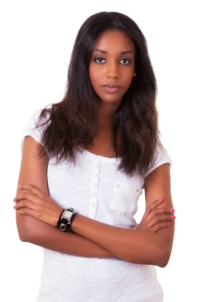 Beautiful young black woman with folded arms — Stock Photo, Image