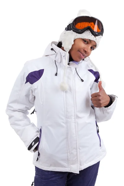 Young black woman in ski clothes making thumbs up — Stock Photo, Image