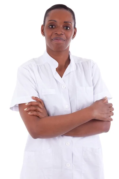 Vrouwelijke Afro-Amerikaanse gezondheidszorg werknemer met gevouwen armen — Stockfoto