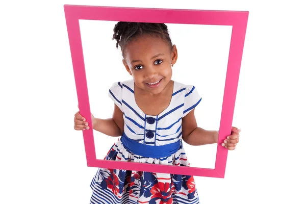 Little african american girl holding a picture frame — Stock Photo, Image