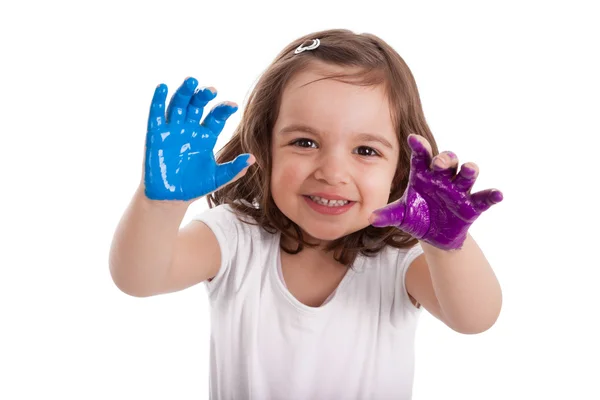 Menina caucasiana com as mãos pintadas — Fotografia de Stock