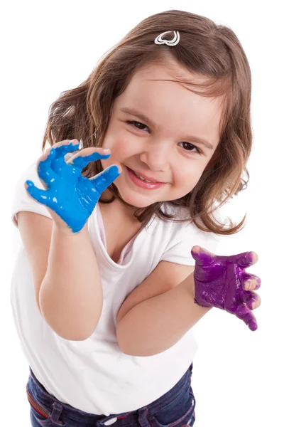 stock image Little caucasian girl with hands painted