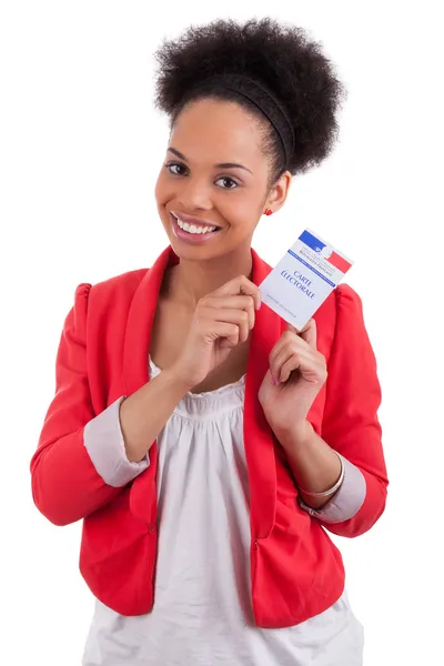 Mladá žena drží francouzský volební karty — Stock fotografie
