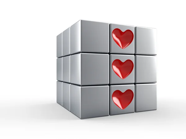 Cubo com ícones de coração vermelho — Fotografia de Stock