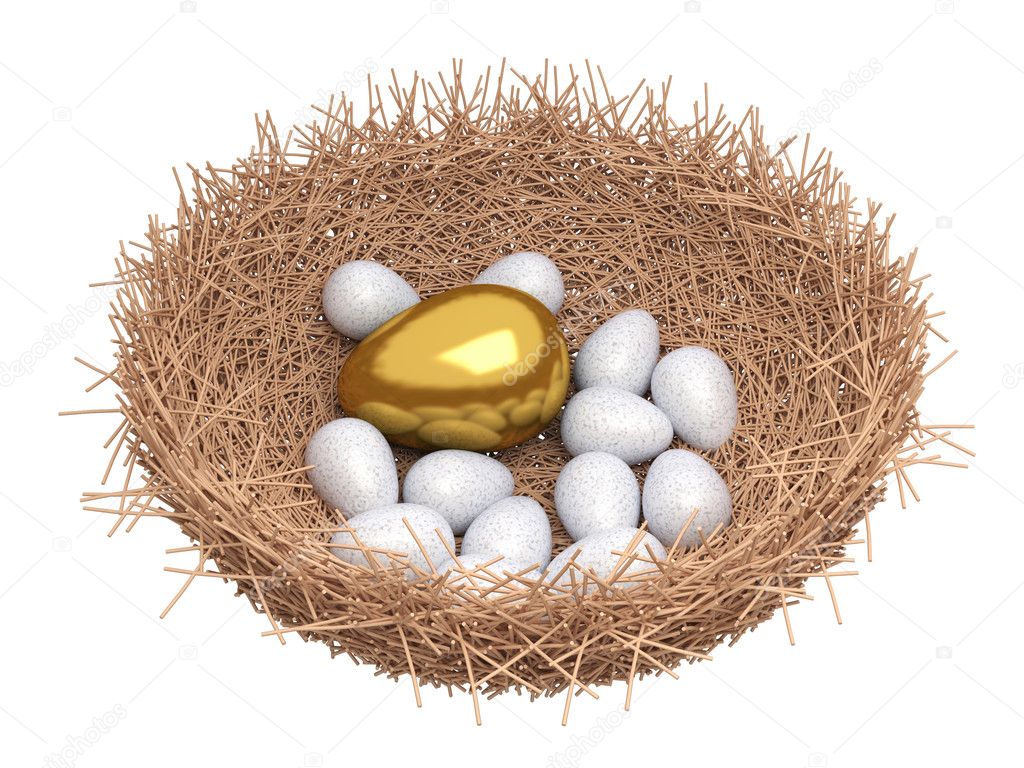 A gold egg is in a nest