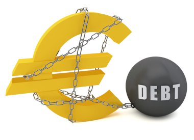 Euro sign connected in a chain of debt clipart