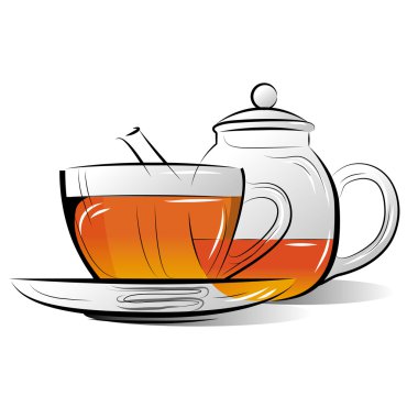 Drawing Teapot and cup of tea on a white background clipart
