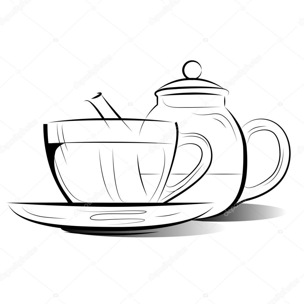 Drawing Teapot and cup of tea on a white background