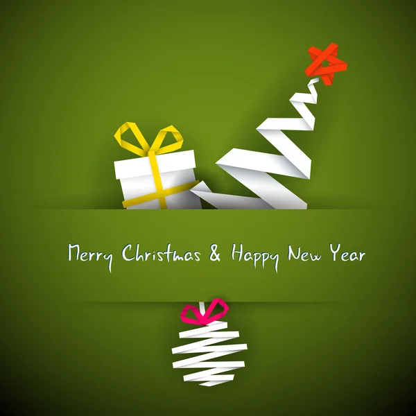 Biglietto natalizio rosso vettoriale semplice con regalo, albero e bagattella — Vettoriale Stock