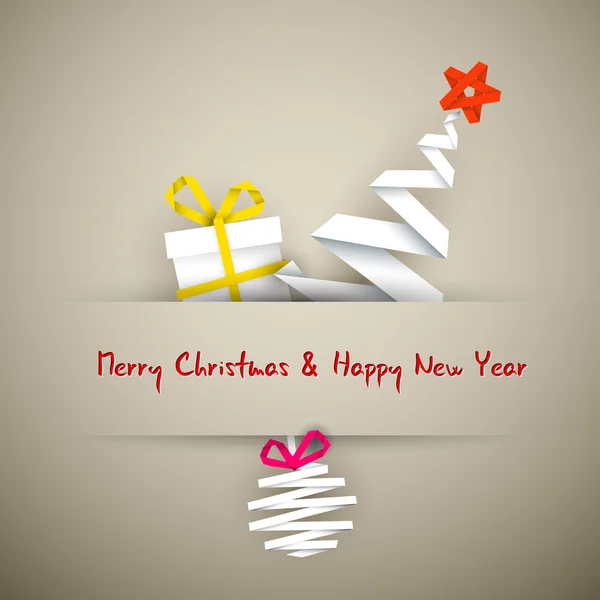Carte de Noël vectorielle simple avec cadeau, arbre et boule — Image vectorielle