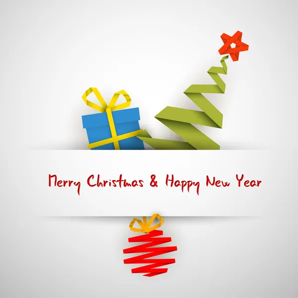 Biglietto di Natale vettoriale semplice con regalo, albero e bagattella — Vettoriale Stock