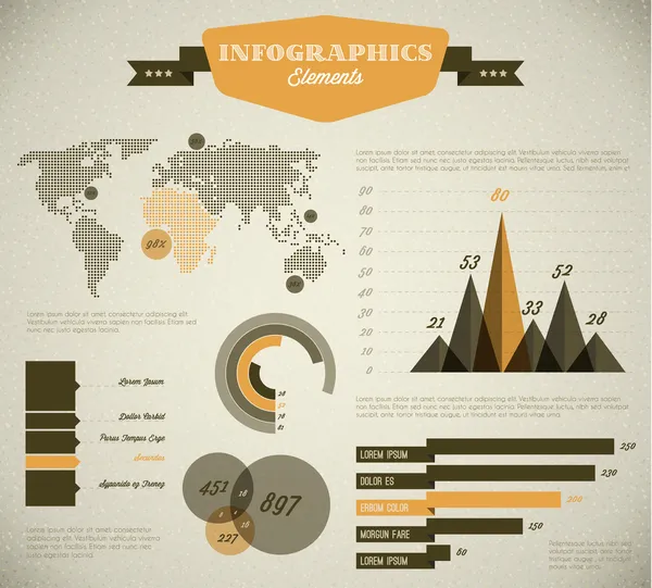 Jaune rétro vectoriel, ensemble vintage d'éléments infographiques — Image vectorielle