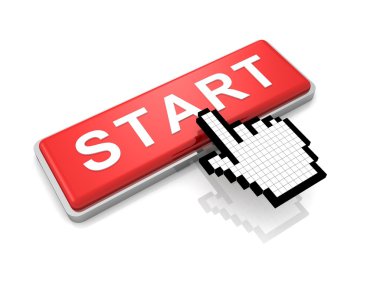 Red start button and classic hand cursor on white background clipart