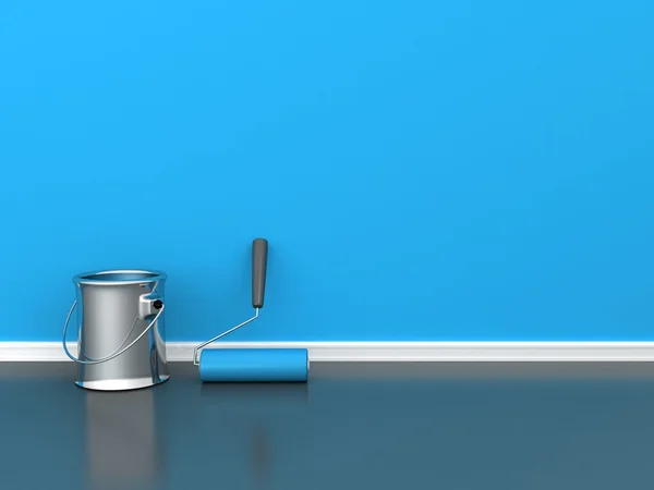Mur peint avec un rouleau de peinture avec boîte de peinture bleue — Photo