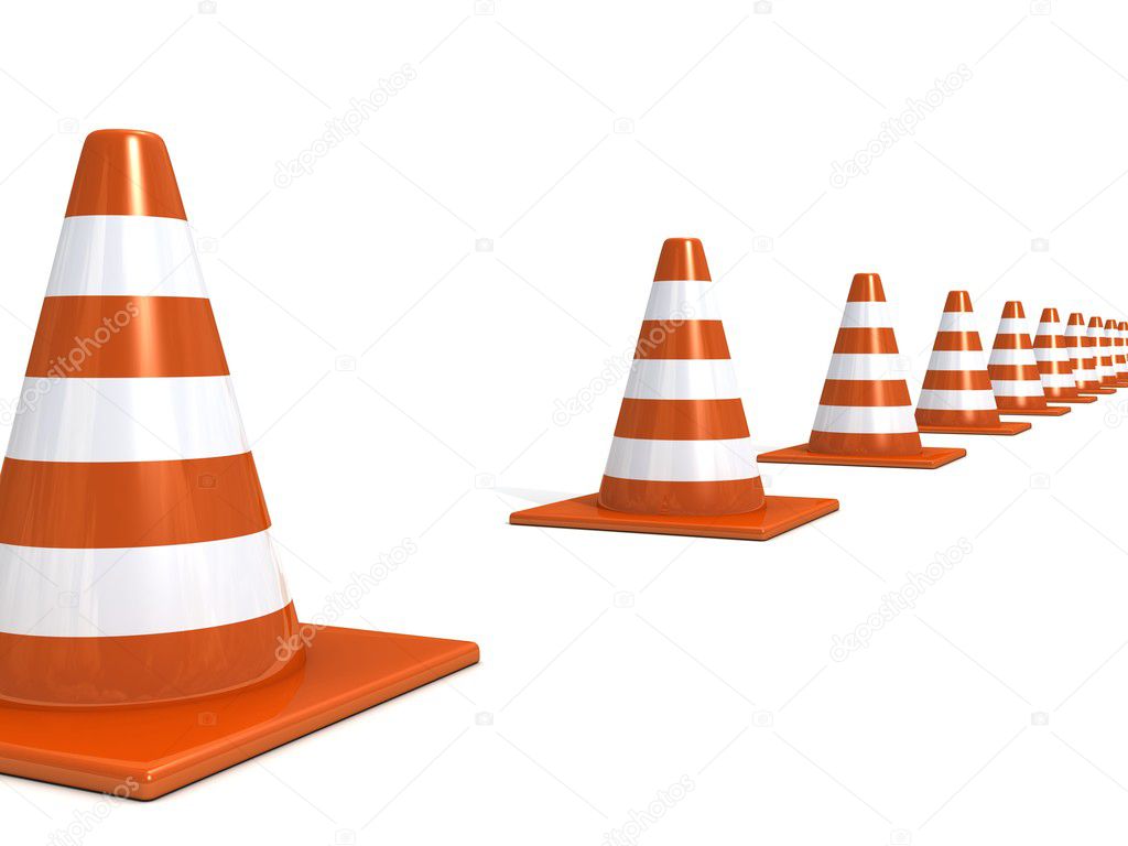 Orange road under construction cones on white background