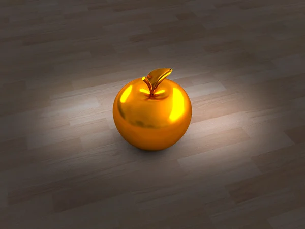 Goldener Apfel auf Holzboden in einem Lichtstrahl — Stockfoto