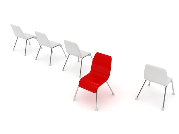 Einzigartiger roter Stuhl in einer Reihe weißer anderer — Stockfoto
