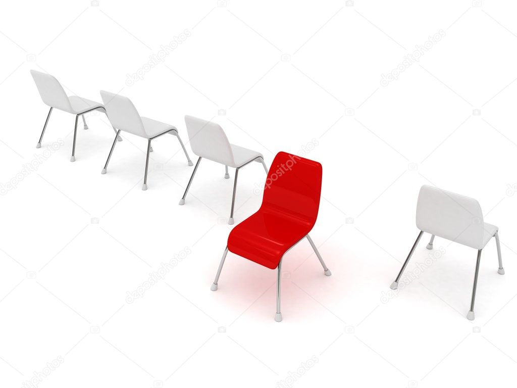 Unique red chair in row of white others