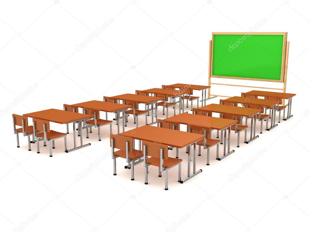 Class room with a school board and school desks