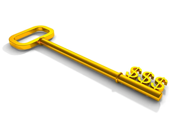 Chave para o dinheiro, chave dourada com símbolo de dólar no fundo branco — Fotografia de Stock
