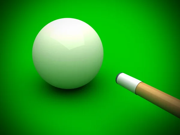 緑のプール テーブルの上の棒と白のビリヤード ボール — ストック写真