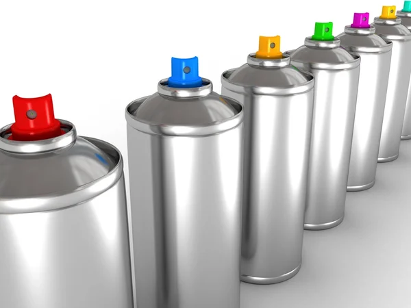 Aluminum spray cans with differently colored nozzles — Stock Photo, Image