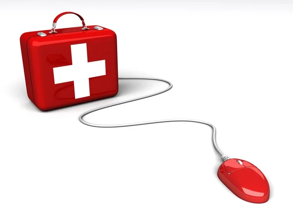 Caja médica roja con una cruz blanca conectada a un ratón de ordenador —  Fotos de Stock