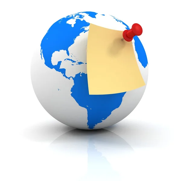 蓝色地球世界球体上的红色 pin 消息纸 — 图库照片