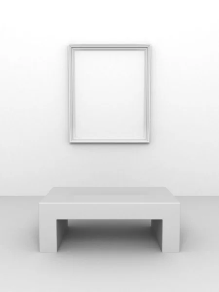 Galerieinnenraum mit leerem Rahmen an Wand und Bank — Stockfoto