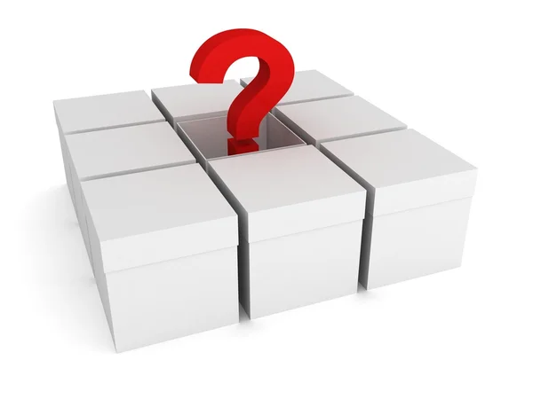 Відкрита біла коробка з червоним питанням . — стокове фото