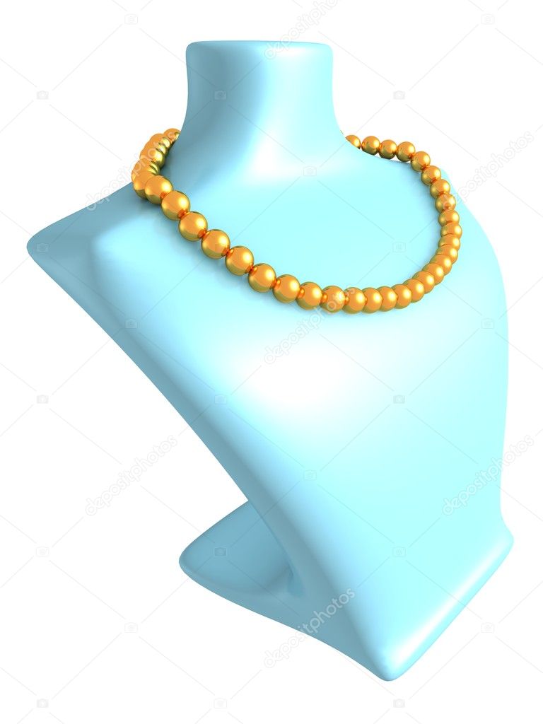 Gold pearl necklace on blue mannequin
