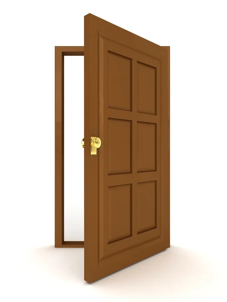 Geopende bruin natuurlijke houten deur op wit — Stockfoto