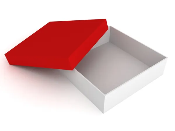 Открытая белая коробка с красной крышкой на белом фоне — стоковое фото