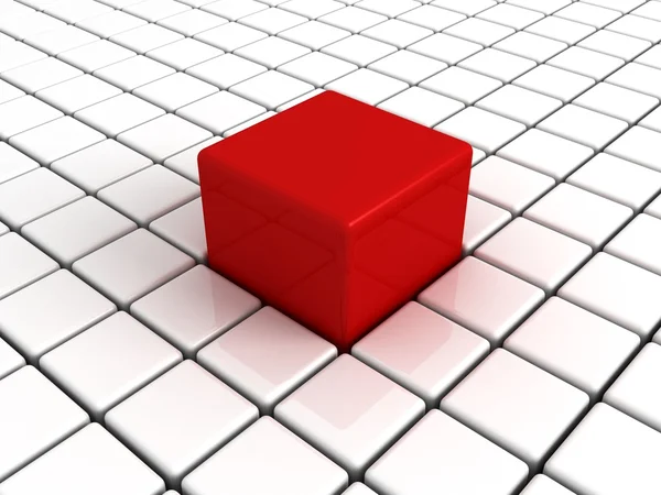 Olika unika stor röd kub i vit andra — Stockfoto