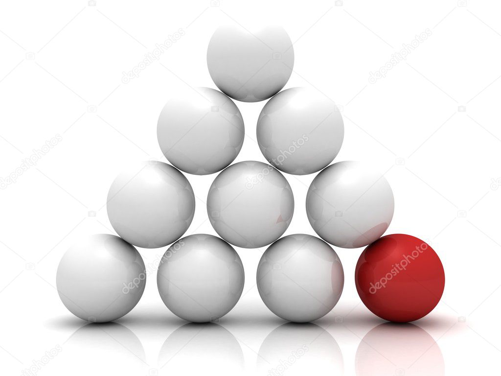 Business pyramid of white balls with red leader