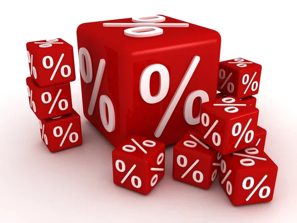 Cubos rojos con signos porcentuales sobre fondo blanco —  Fotos de Stock