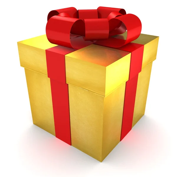 Goldenes Geschenk verpackt mit roter Satinschleife — Stockfoto