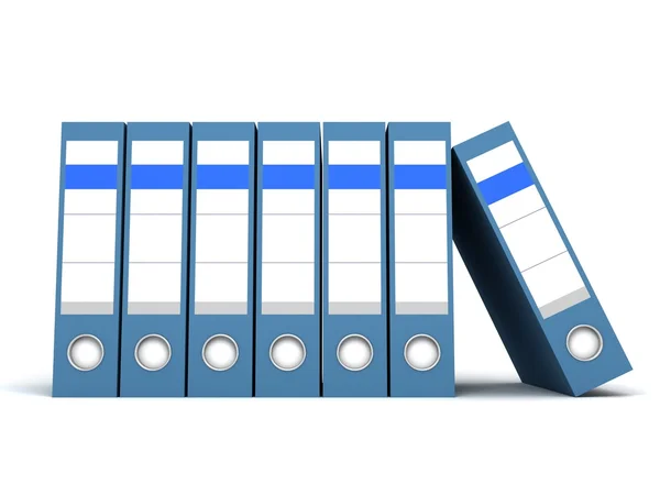 Uma linha de pastas de escritório azul no fundo branco — Fotografia de Stock