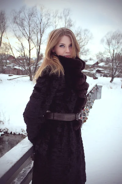 高襟付きの暗い毛皮のコートで優雅なブロンドの女の子 — ストック写真