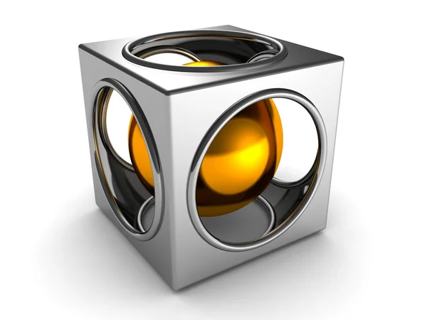 抽象的な銀キューブと内部ゴールデン ボール — ストック写真