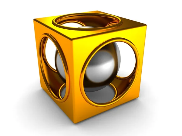 光沢のある黄金の抽象的なキューブと内部の銀色の球 — ストック写真