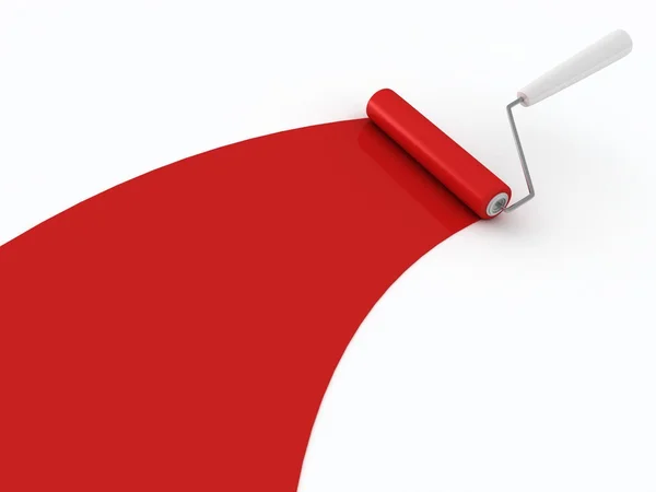 stock image Red roller brush with trail of paint on white