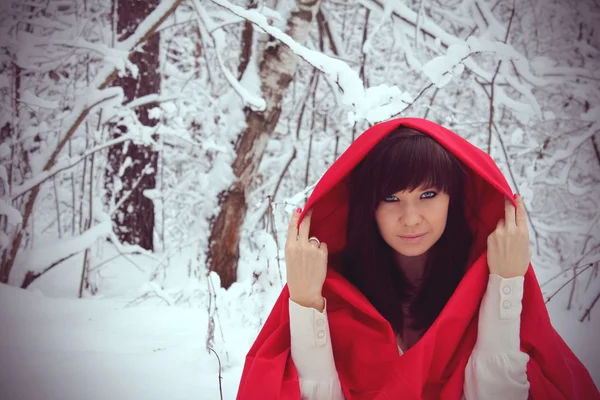 Red Hood Girl in a winter snow forest — Stock Photo, Image