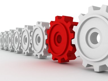 Row set of cogwheel white gears with unique red gear clipart