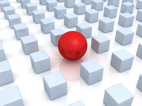 Individualiteit concept. unieke rode bal en groot aantal kubussen — Stockfoto