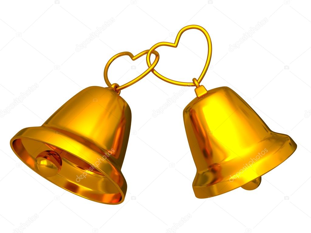 Golden wedding bells with love hearts